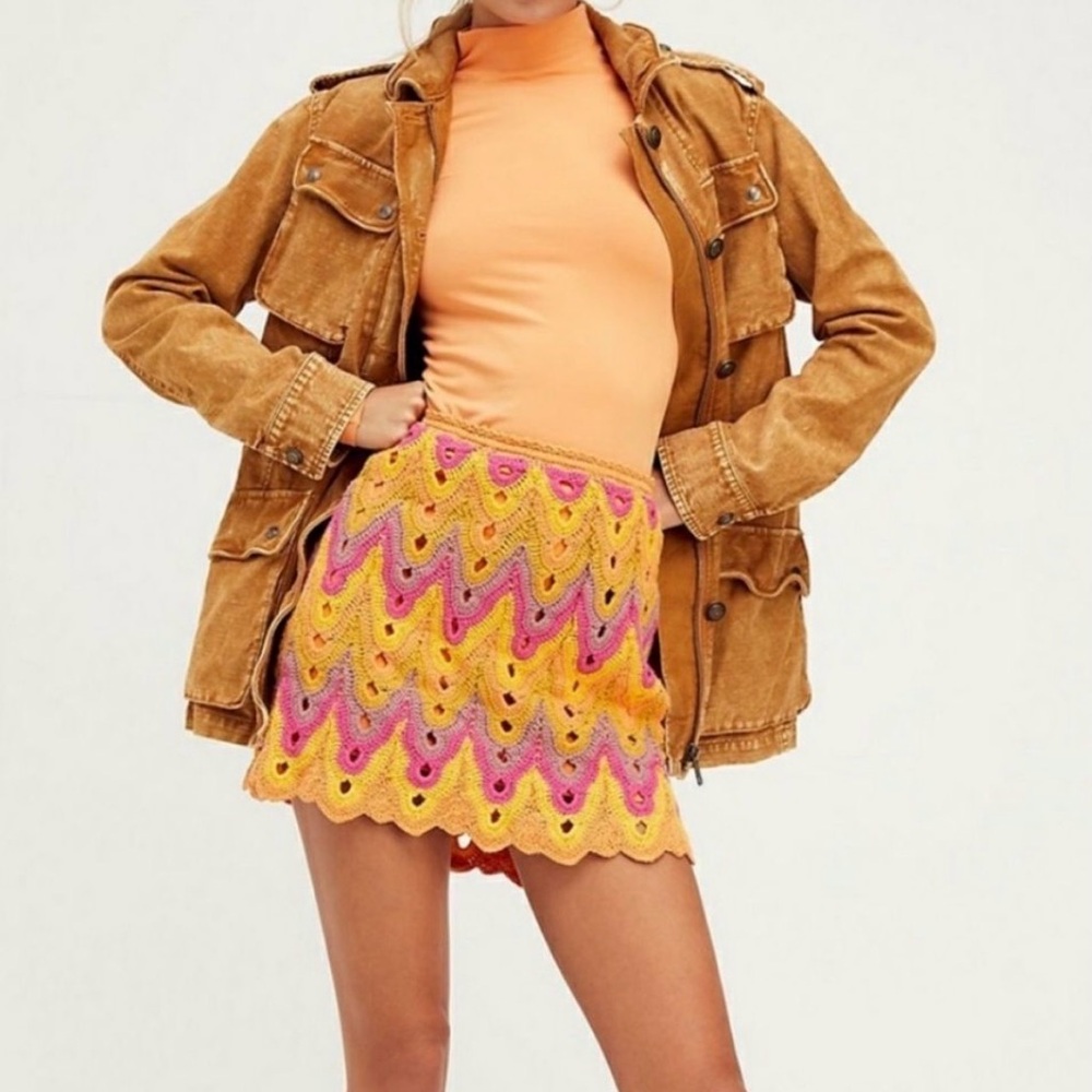 Free People Heat of the Moment Chevron Crochet Mini Skirt in Yellow & Pink